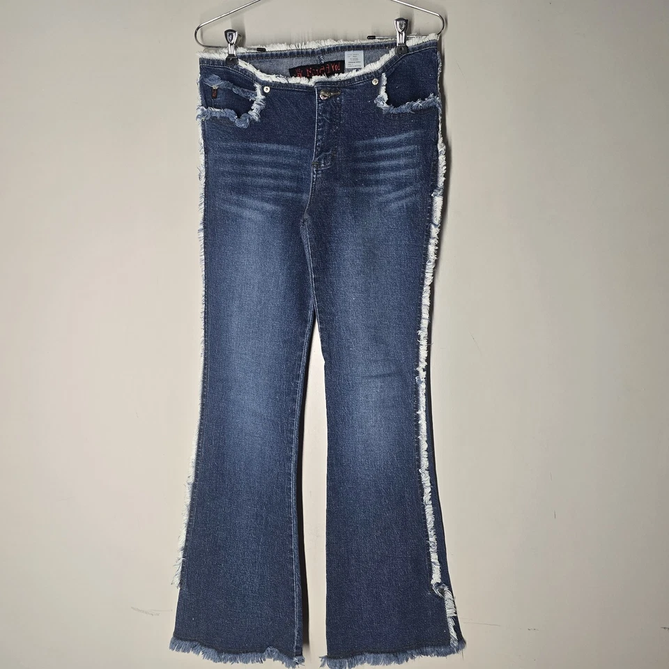 Vintage Mudd Yo Jeans Fringe Trim  Y2K  Flare Size 7 Raw Hem Flare Sparkle - Image 1 of 4