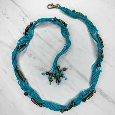 Gold Tone Boho Beaded Blue Rope Belt Y2K Festival Style - Medium (M) - Image 1 of 4