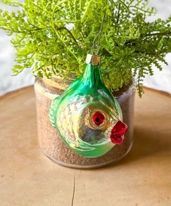 Vintage Quecksilber Glas grün & gold tropische Fische Weihnachtsschmuck küssende Lippen - Bild 1 von 4