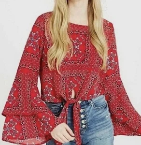 Altar'd State Mackenzie Top Small Red Bandana Print Front Tie Bell Sleeve Blouse - Picture 1 of 11
