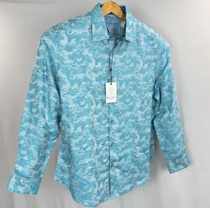 Robert Graham Paisley Floral Button-Up Shirt Men Medium Turquoise Linen FlipCuff - Picture 1 of 13