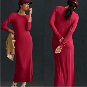 NWT Anthropologie Bordeaux Hot Pink Long Sleeve Ribbed Maxi Dress Slit Size S - Picture 1 of 7