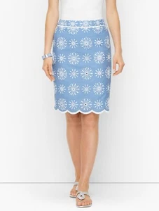 Talbots 10 Chambray Eyelet A-Line Skirt Blue Floral Lined Scalloped Hem Cotton - Picture 1 of 11