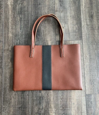VINCE CAMUTO Tote/Laptop Shoulder Bag Brown Black Vegan Leather Unlined 17"x 11" - Image 1 of 4
