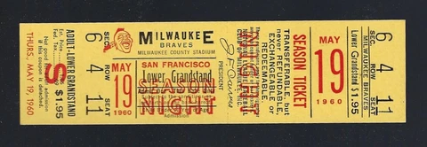 VINTAGE 1960 SAN FRANCISCO GIANTS @ MILWAUKEE BRAVES FULL TICKET - MAY 19 Cover