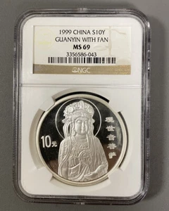 China 1999 Guanyin Fan 1 Oz Silver Coin NGC MS-69 W/ COA Low Number #321 - Picture 1 of 3