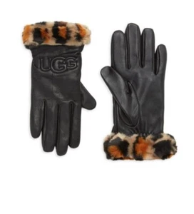 NWT UGG Logo Leather & Faux Fur Cuff Gloves Size M - Picture 1 of 3