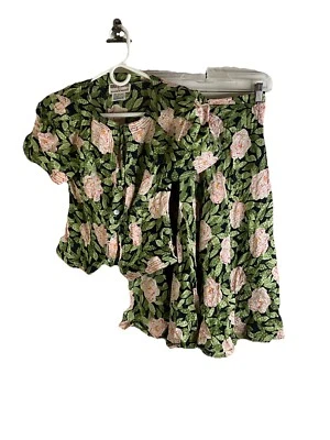 Conjunto de terno saia slip camisa manga folhada floral seda 4 feminino anos 80 vintage Cottagecore - Imagem 1 de 4