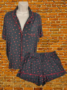 VICTORIA'S SECRET BLACK RED PYJAMA SET SIZE SMALL LOVEHEARTS TOP & SHORTS WOMENS - Picture 1 of 12