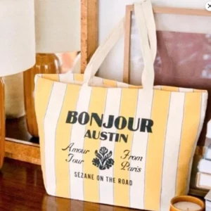 Sézane Bonjour Austin Amour Tour From Paris Tote Bag Stripe Yellow/Cream - Picture 1 of 8