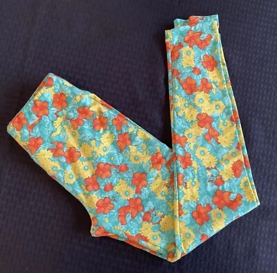 Leggings LuLaRoe OS Originales Talla Única Verde Menta Naranja y Amarillo Floral Flor Foto 1 de 4