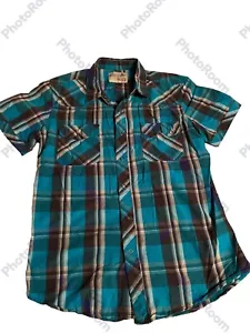 Vintage JNCO Crown Brand Plaid Shirt Size Medium Short Sleeve Pearl Snap Teal - Picture 1 of 5