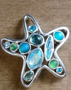 Jeweled Monet Starfish Silver Plated Blue Green Brooch Pin Ocean Beach Lovers - Picture 1 of 6
