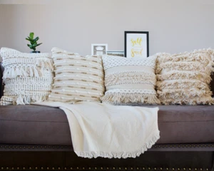 satTva Set of 4 BOHO Throw Pillow Cushion Cover Tassel Beige 45x45 - Home Decor - Picture 1 of 24