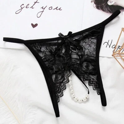 Sexy Women Lace Crotchles Thong G-string Pearl Panties Lingerie Underwear T-back - Image 1 of 4