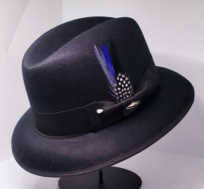 Mens Classic Black Felt Lowrider Hat Fedora  Blue Black  Feather - Image 1 of 3