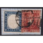 TOSCANA 1860 40 CENT. MISTA SARDEGNA 20 CENTESIMI USATI SU FRAMMENTO CERT.