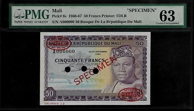 Mali Specimen 50 Francs 1960-67 PMG 63 UNC P#6s Printer TDLR. - Image 1 of 4