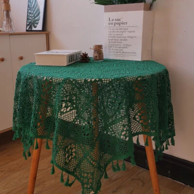 Retro Crochet Lace Tablecloth Rectangular Hollow Doily Tassel Fringe Table Cover - Image 1 of 4