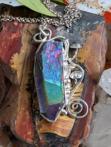 Rainbow Aura Quartz And Mushrooms Artisan Made Sterling Silver Necklace .A9c - Picture 1 of 13