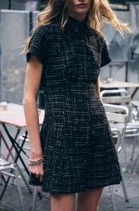Zara Short Mini Dress M Black Plaid Tweed Metallic thread 4387/243 NWT VIRAL - Picture 1 of 13
