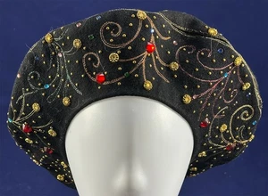 Vintage Saks Fifth Ave Debutante schwarz Wolle Gold Stickerei Perlen Baskenmütze Heiligenschein Hut - Bild 1 von 6