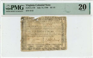 1780 July 14, $3 1/3 Virginia Colonial Note FR#VA-179 PMG VF20 3 Known - Picture 1 of 2