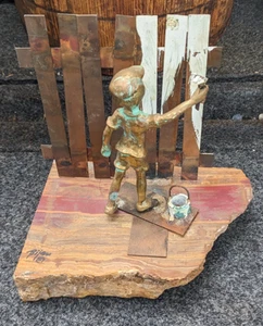 Brutalist Bijan Brass and Copper Boy Painting Fence Sculpture Raw Onyx Base - Picture 1 of 7