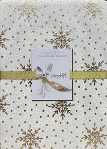Colordrift Metallic Gold Printed Snowflakes Polka Dots Tablecloth 60” X 104” - Picture 1 of 1