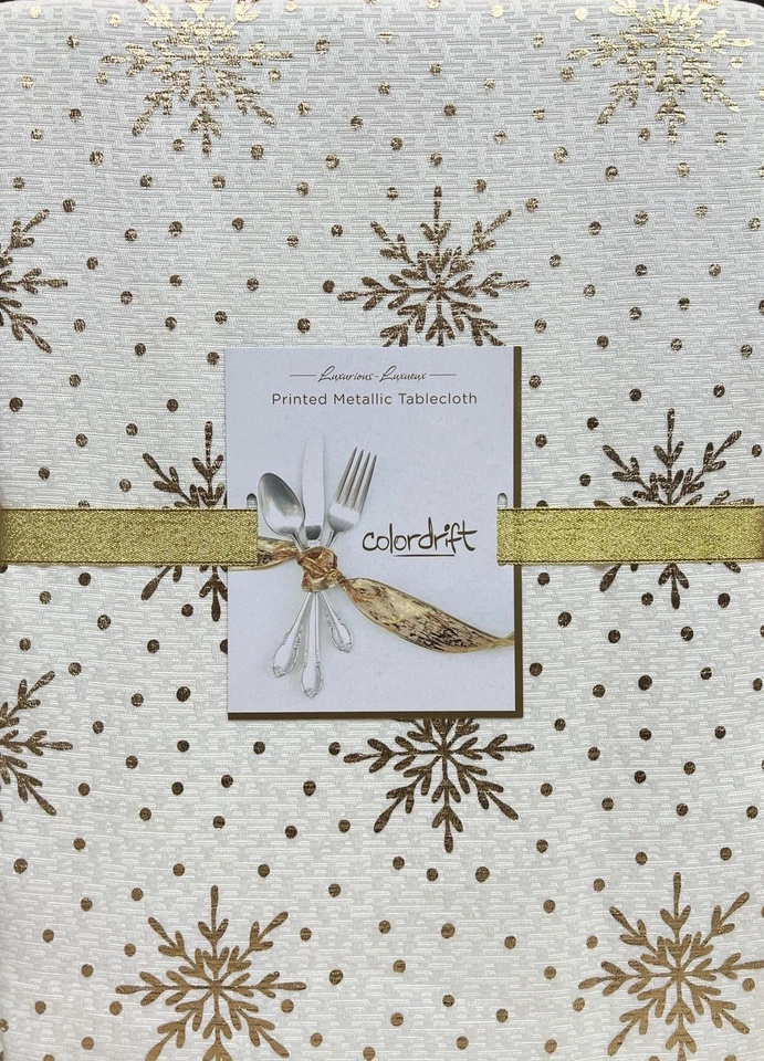 Colordrift Metallic Gold Printed Snowflakes Polka Dots Tablecloth 60” X 104” - Image 1 of 1