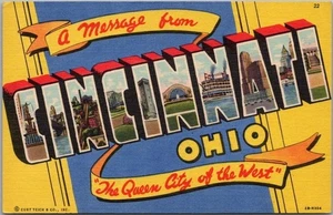 Tarjeta postal grande CINCINCINNATI Ohio "Queen City of the West" lino Curteich - Imagen 1 de 2