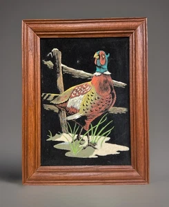 Vintage MCM 10x14" schwarzer Samt "Fasan Vogel" Gemälde - gerahmt - Bild 1 von 3