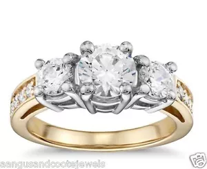 Anillo de tres piedras moissanita de corte redondo de 2,33 quilates oro amarillo sólido de 14 K - Imagen 1 de 8
