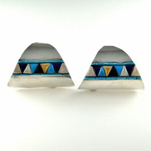Old Pawn Native American Artisan Studio Hoop Earrings Sterling Silver Turquoise