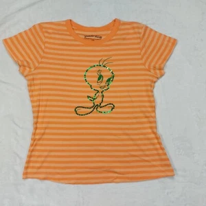 LOONEY TUNES TWEETY BIRD GIRLS ORANGE STRIPE GREEN SEQUIN T-SHIRT SIZE MEDIUM - Picture 1 of 5