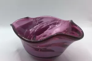Vintage Art Glass Bowl Fuchsia Pink Swirl Ruffled Signed Mary Beth Isenbletter - Picture 1 of 7