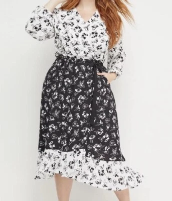 Vestido envolvente midi Lane Bryant X Beauticurve Plus 14 negro blanco floral alto bajo Foto 1 de 4