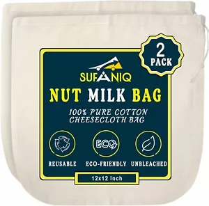 2 Pack 12x12 Inch Nut Milk Bag 100% Unbleached Cotton Cheesecloth Bag Strainer - Picture 1 of 7