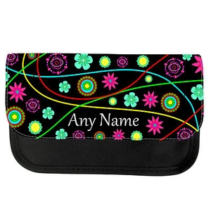 PERSONALISED FUNKY FLOWERS GIRLS BOYS PENCIL CASE/MAKE UP BAG BIRTHDAY XMAS - Picture 1 of 6