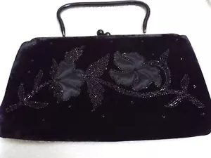 Vintage Abendtasche schwarz Samt & Satin mit Glasperlen Blumenmuster - Bild 1 von 20