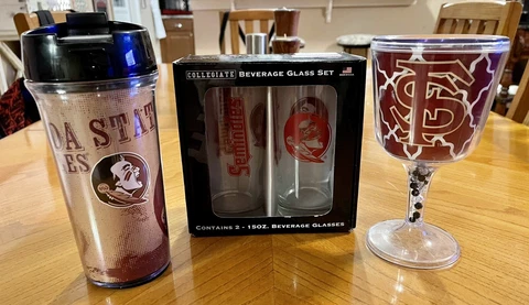 FSU Football Collegiate Glass Gift Set 2 15oz Glass, Tumbler & Plastic FSU Wine Cover