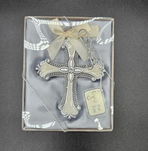 Rhinestone Cross Cream Silver Color Religious Ornament Party Favor Satin Bow NEW - Picture 1 of 5