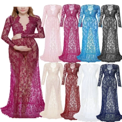 Plus Size Women Maternity Photography Props Lace See-through Pregnant Dress Gown - Image 1 of 4