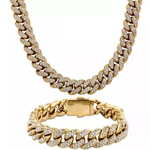 24ct Gold Layered Mens Curb Cuban link Bracelet And Chain Cz Gift 24k - Picture 1 of 1