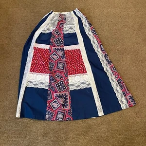 VTG 70s Patchwork Prairie Maxi Skirt S/M Red White Blue Lace Boho Cottagecore - Picture 1 of 5