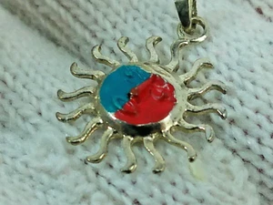 Vtg Signed Silver Sun Face Enamel Blue/Red Painted Tiny Charm Celestial Pendant - Picture 1 of 12