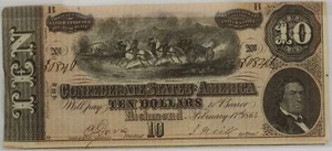 1864 $10 Confederate States of America T68 9 Series - Free Shipping USA - Picture 1 of 3