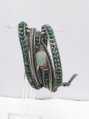 Браслет Nakamol с зелеными хрустальными бусинами сплетенный на серой коже U183 - Изображение 1 из 4