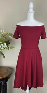 NWT Sz. L CQUY Dress A-line Flare Maroon High Low Hem Off Shoulder Stretch - Picture 1 of 10