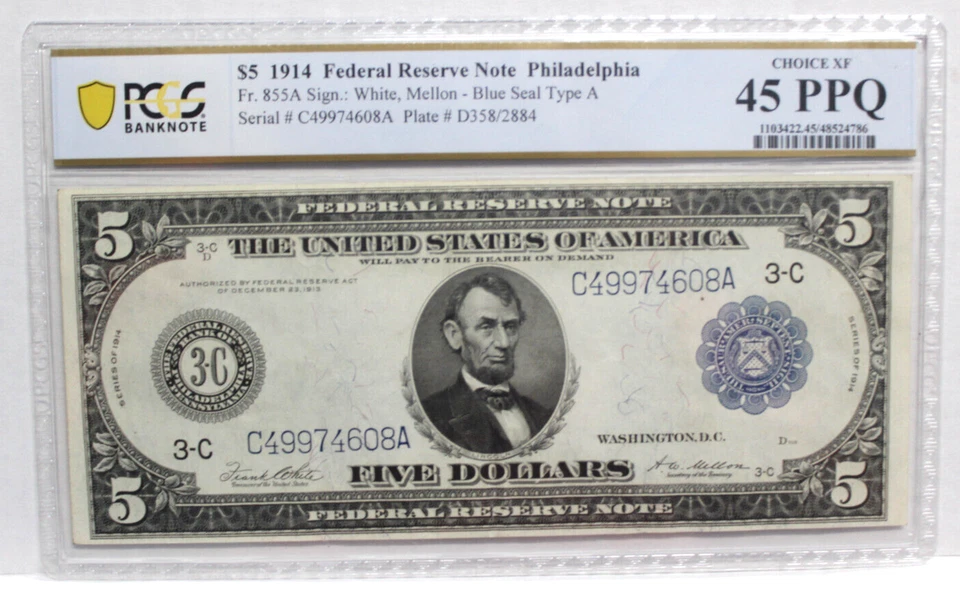 1914 $5 Federal Reserve Note PCGS XF45 White/Mellon Philadelphia FR855A NICE! - Image 1 of 4